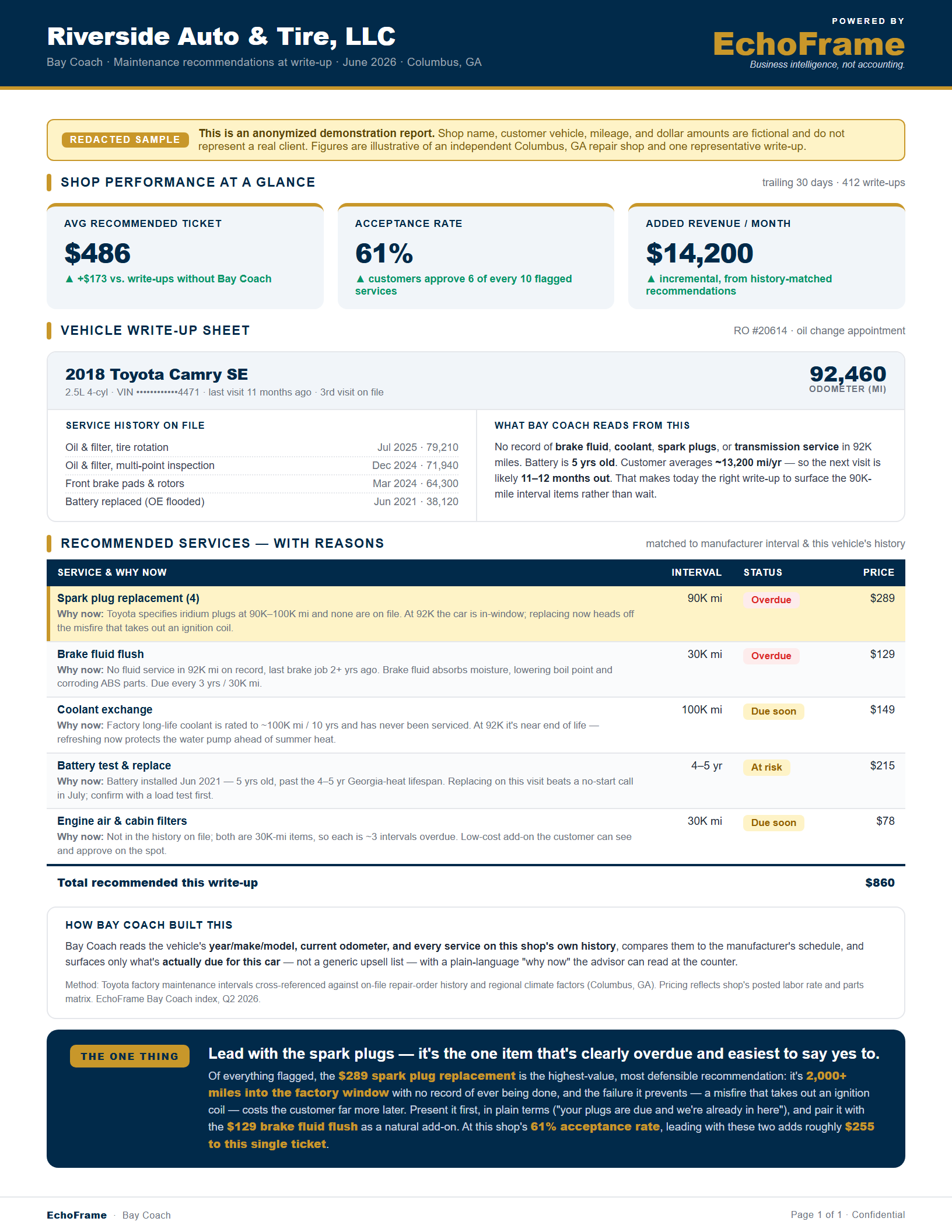 Sample EchoFrame Bay Coach report for a small business