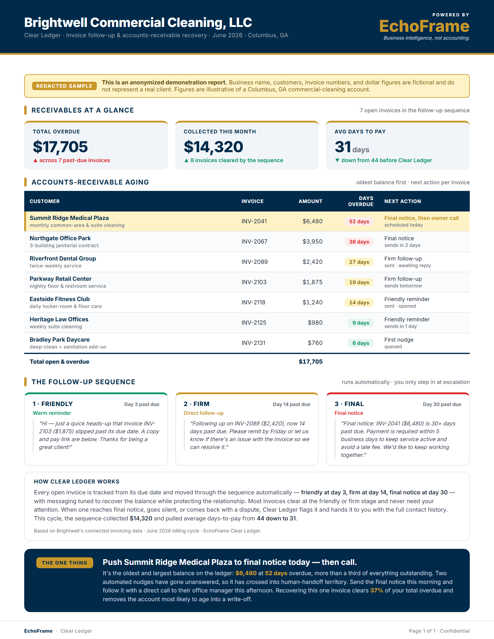 Sample EchoFrame Clear Ledger report for a small business