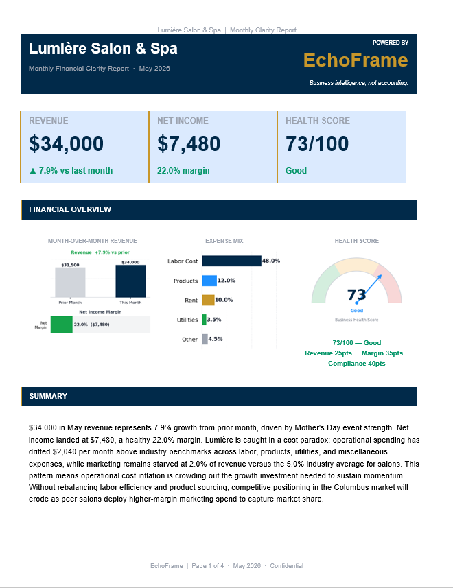 Sample EchoFrame Monthly Clarity Report for a Columbus small business